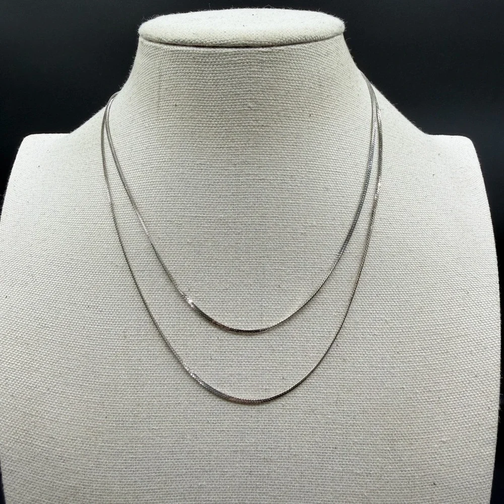 Silver Tone Double Strand Herringbone Chain Necklace Layered Minimalist Jewelry